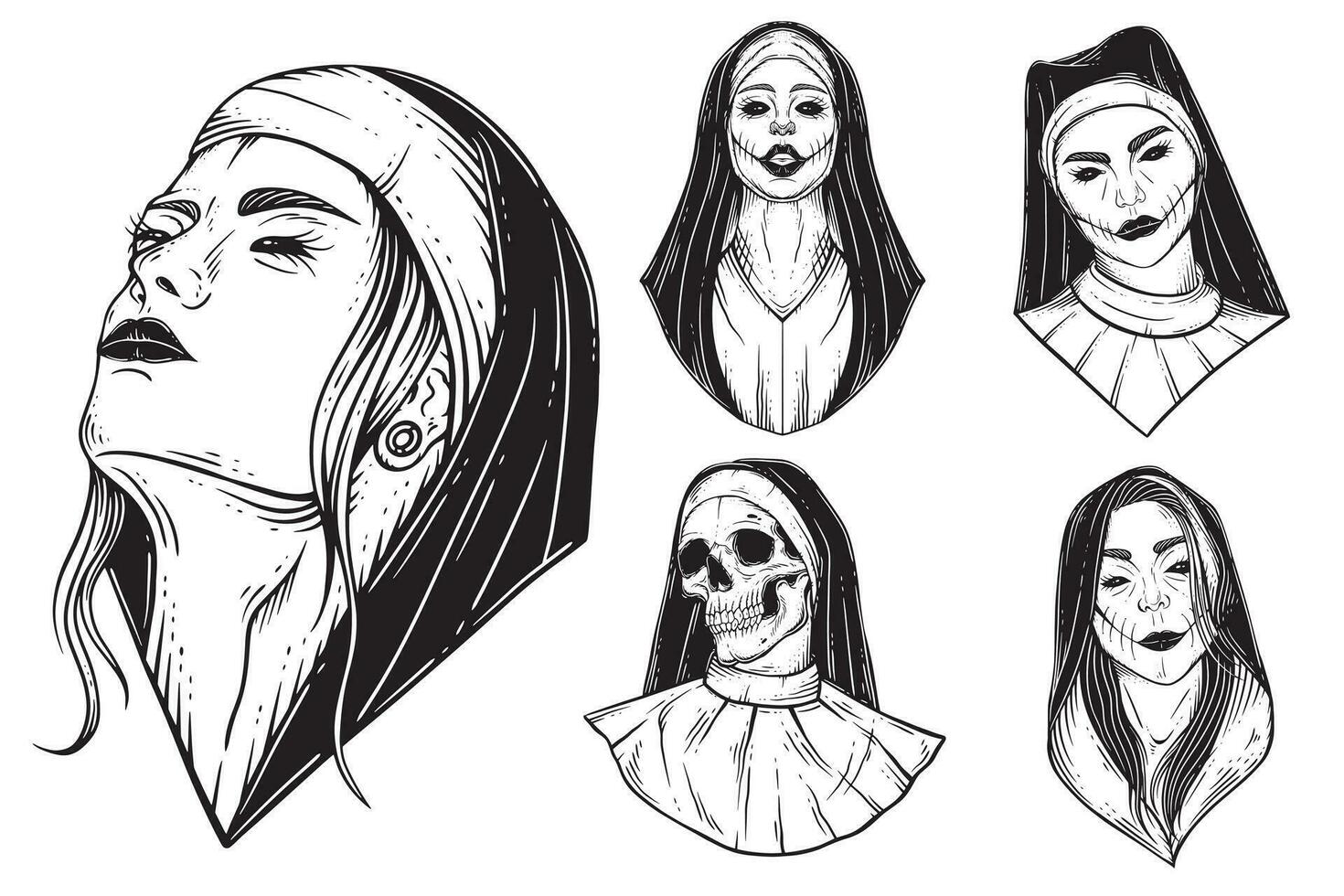 Set Bundle Prayer Girl Nun Tattoo Horror Women Skull Horn Head Horror Hatching Outline Hand Drawn Style illustration vector