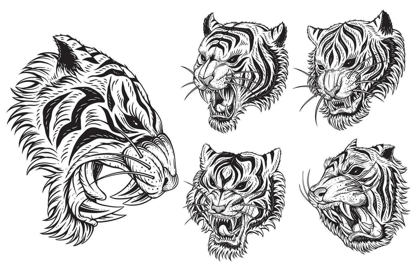 Set Bundle Tiger Head Angry Beast roaring mascot For Tattoo Clothing black and white Hand Drawn illustration vector