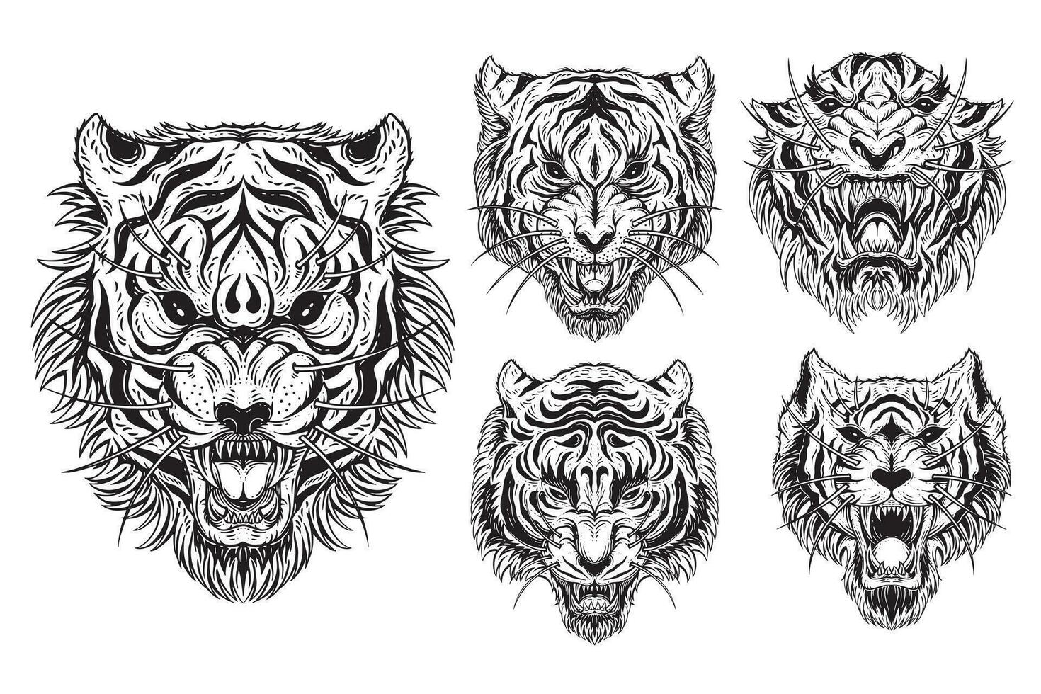 Set Bundle Tiger Head Angry Beast roaring mascot For Tattoo Clothing black and white Hand Drawn illustration vector