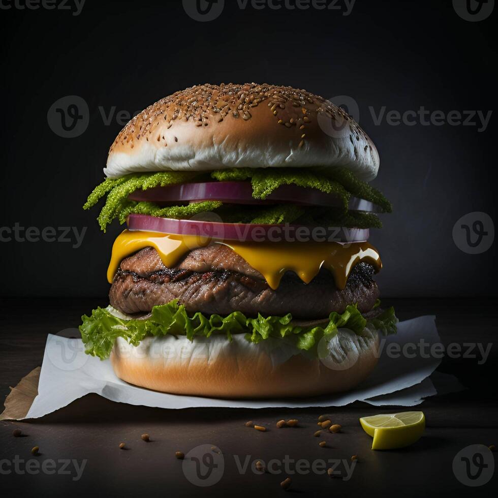 hamburguesa en un negro antecedentes ai generado. foto