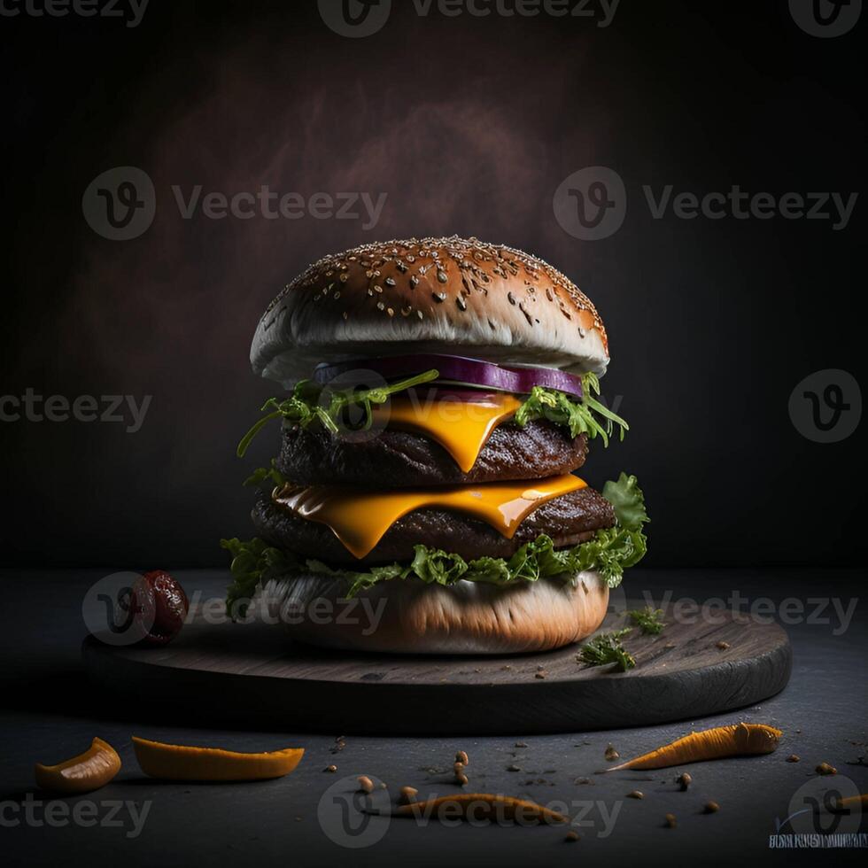 hamburguesa en un negro antecedentes ai generado. foto