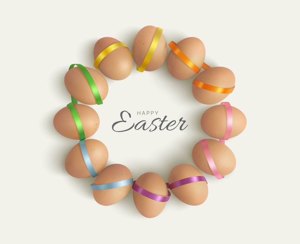 Easter egg wreath. Chicken eggs, wrapped in bright multi colored satin ribbons, are arranged in the form of a round wreath. Use for holiday design, banner, cards, social media posts. vector