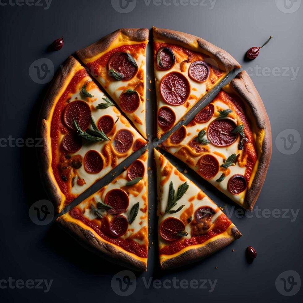 Pizza en negro antecedentes ai generado, comida publicidad imagen foto