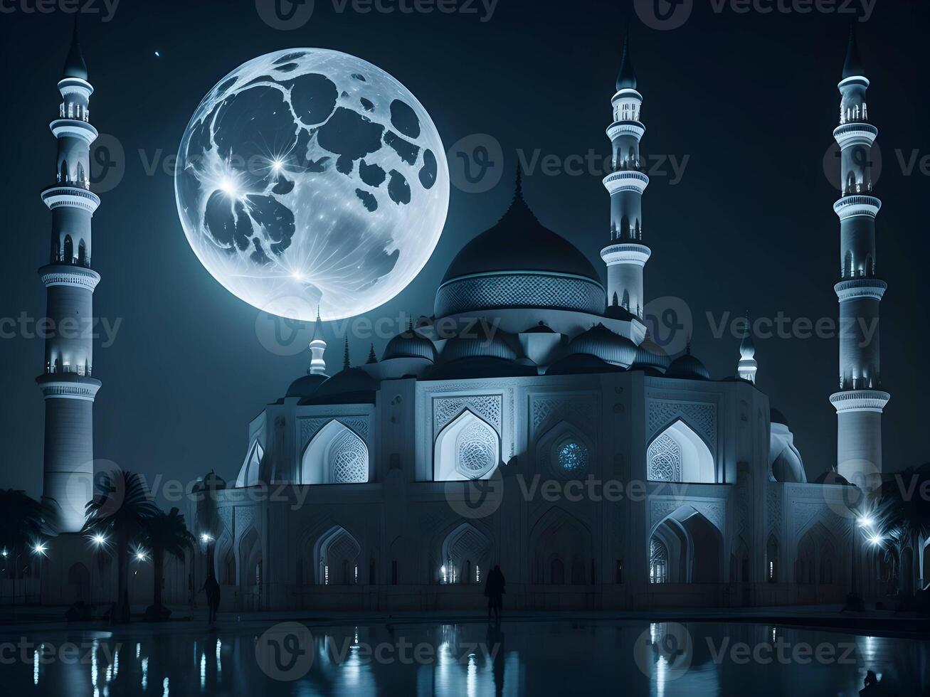 Luna brillante detrás un mezquita ai generado, islámico eid antecedentes generativo imagen foto