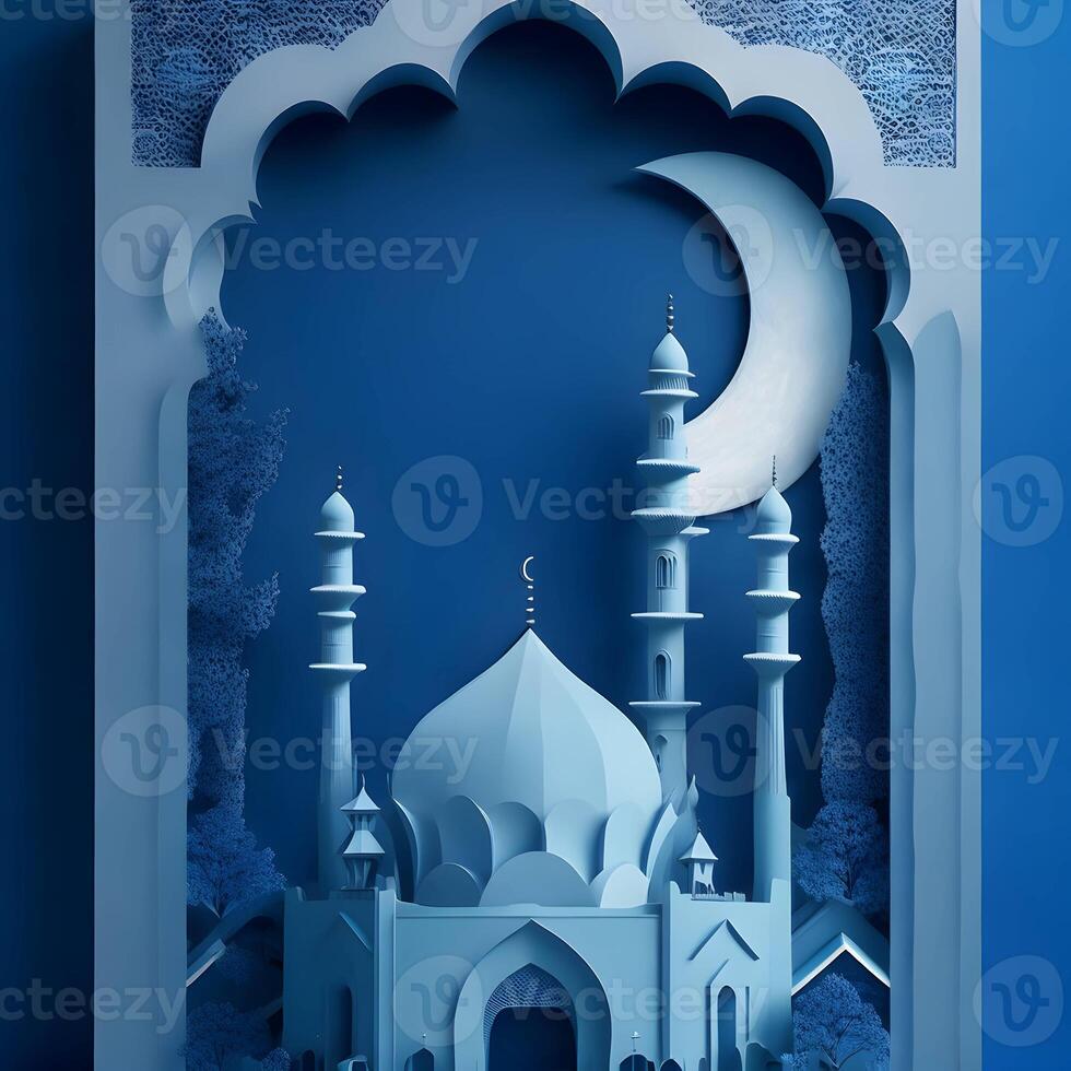 eid background paper art, islamc mosque background with moon, dark color generative eid image photo