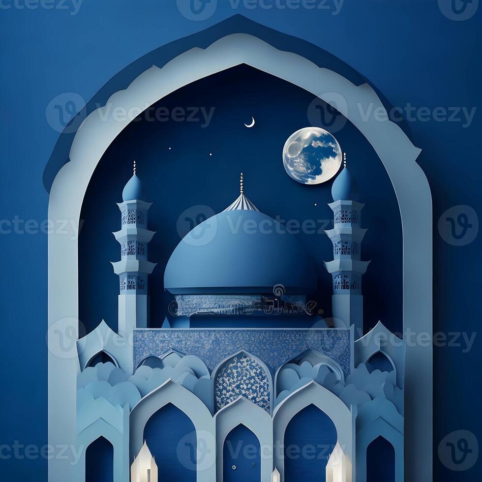 eid background paper art, islamc mosque background with moon, dark color generative eid image photo