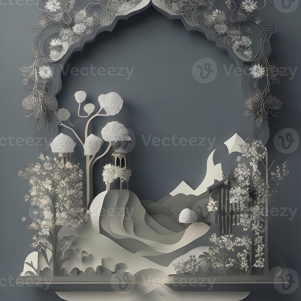 eid background paper art, islamc mosque background with moon, dark color generative eid image photo