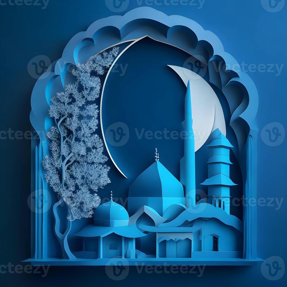 eid background paper art, islamc mosque background with moon, dark color generative eid image photo