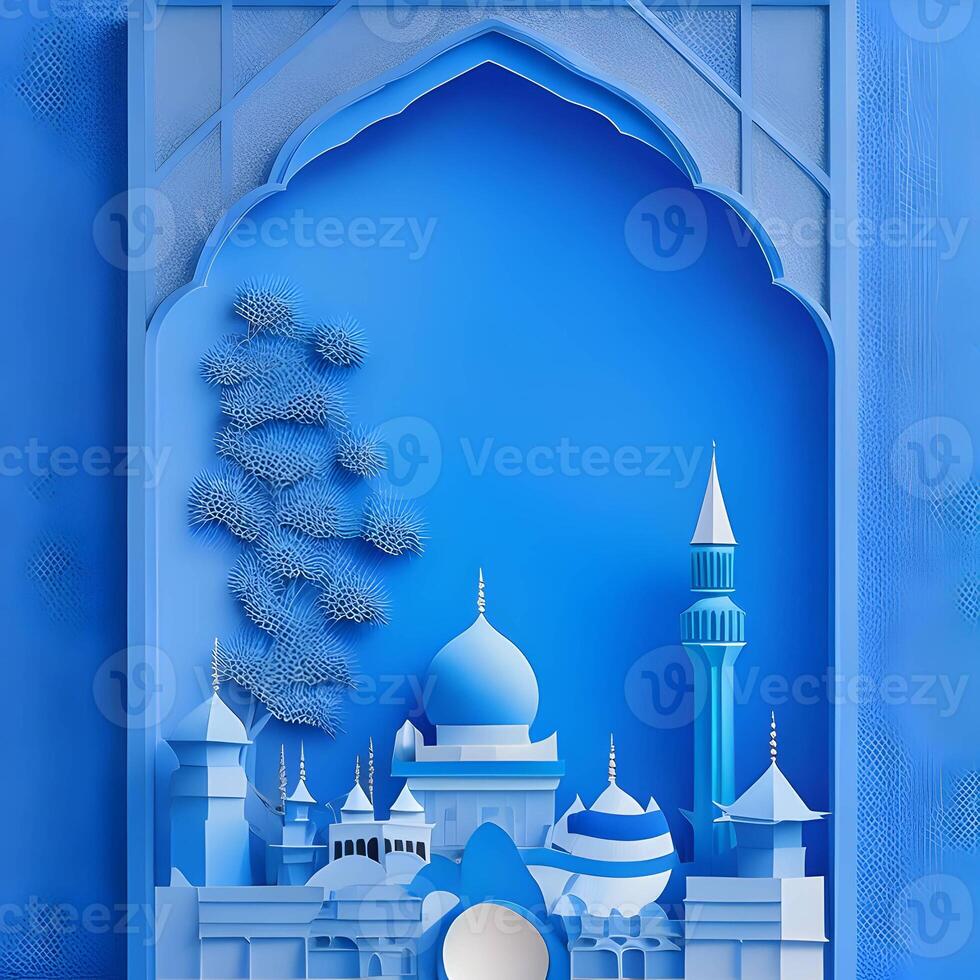 eid background paper art, islamc mosque background with moon, dark color generative eid image photo