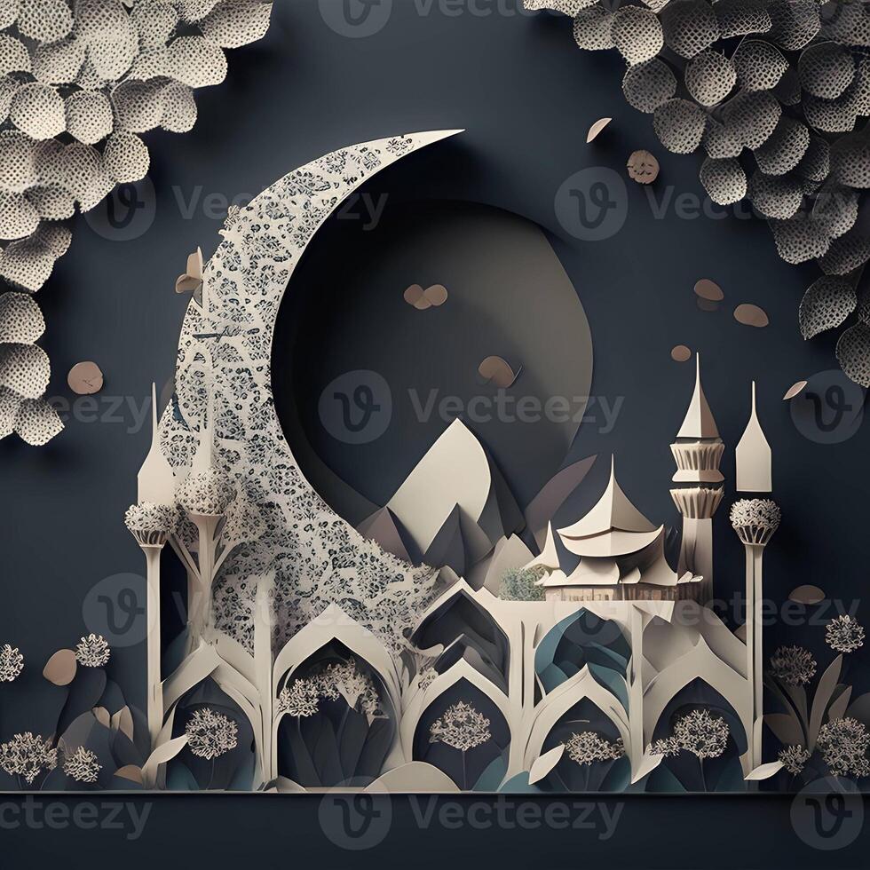 eid background paper art, islamc mosque background with moon, dark color generative eid image photo