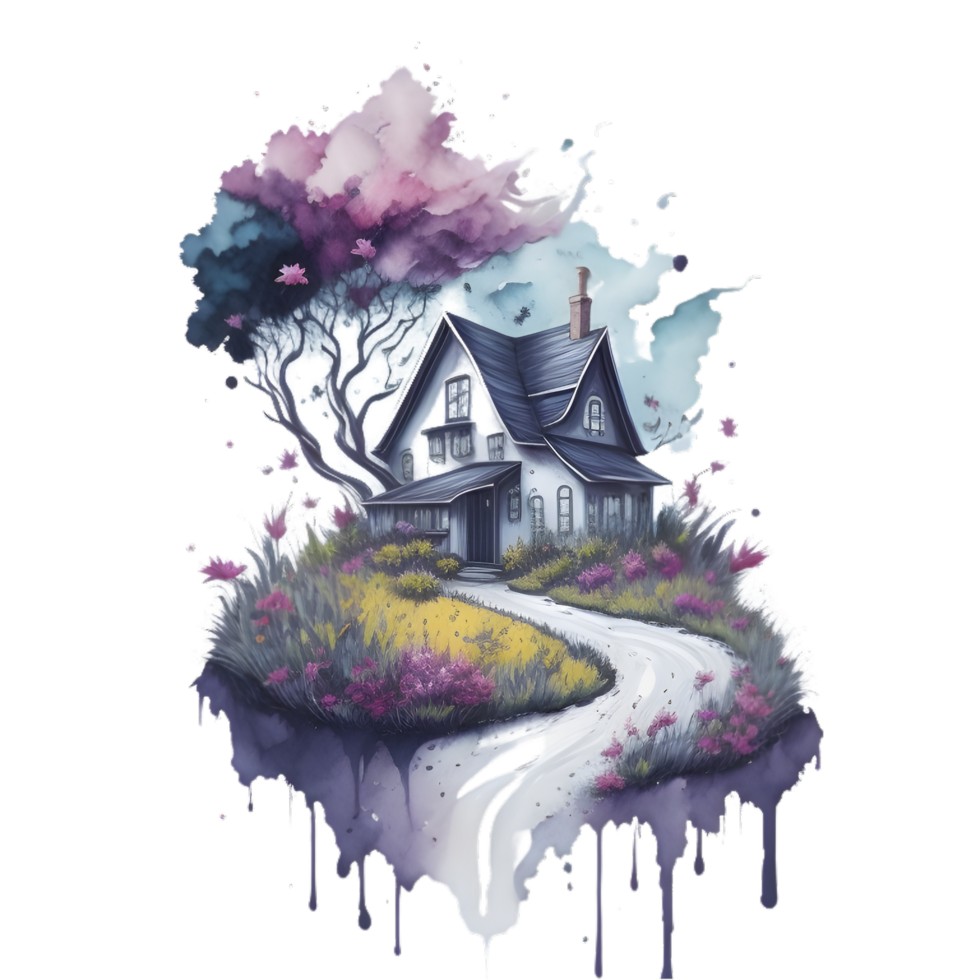 mystisk hus med stänk blomma bakgrund ai genererad t skjorta design, t skjorta design transparent bakgrund, vattenfärg hus t skjorta design png