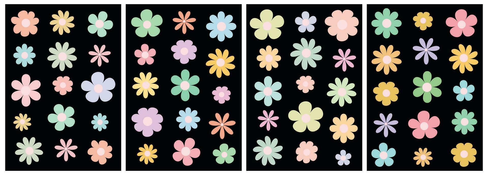 Set of colorful abstract backgrounds.Y2k aesthetic.Vector cards in retro psychedelic style.Groovy backgrounds.Daisy flowers set. vector