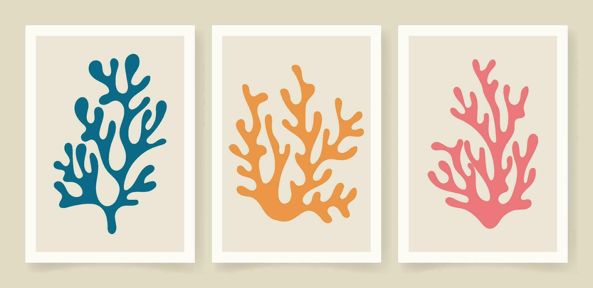 Abstract coral posters. Contemporary organic shapes minimalist in Matisse style, graphic vector illustration