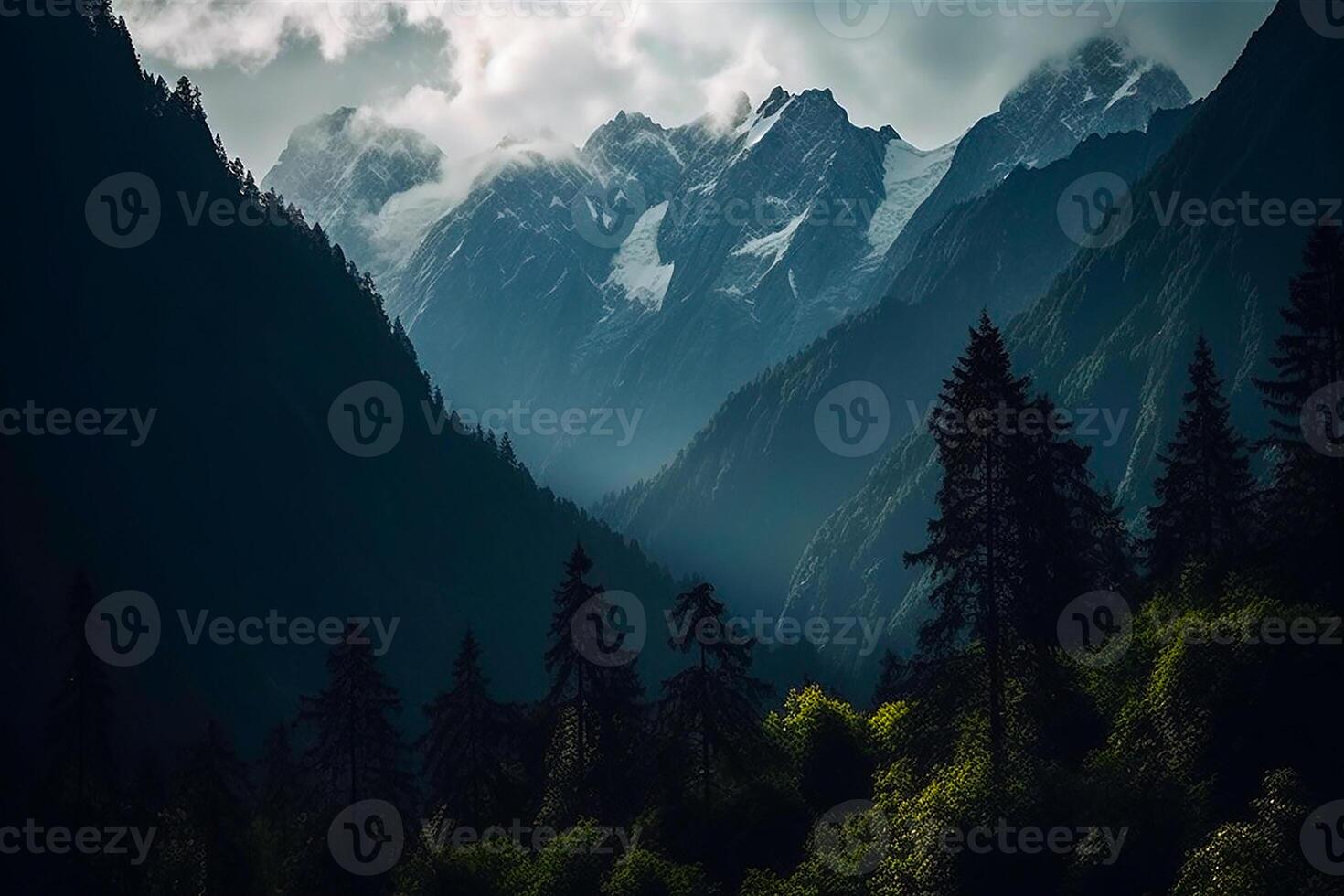 foto fantasía montaña paisaje con bosque generativo ai