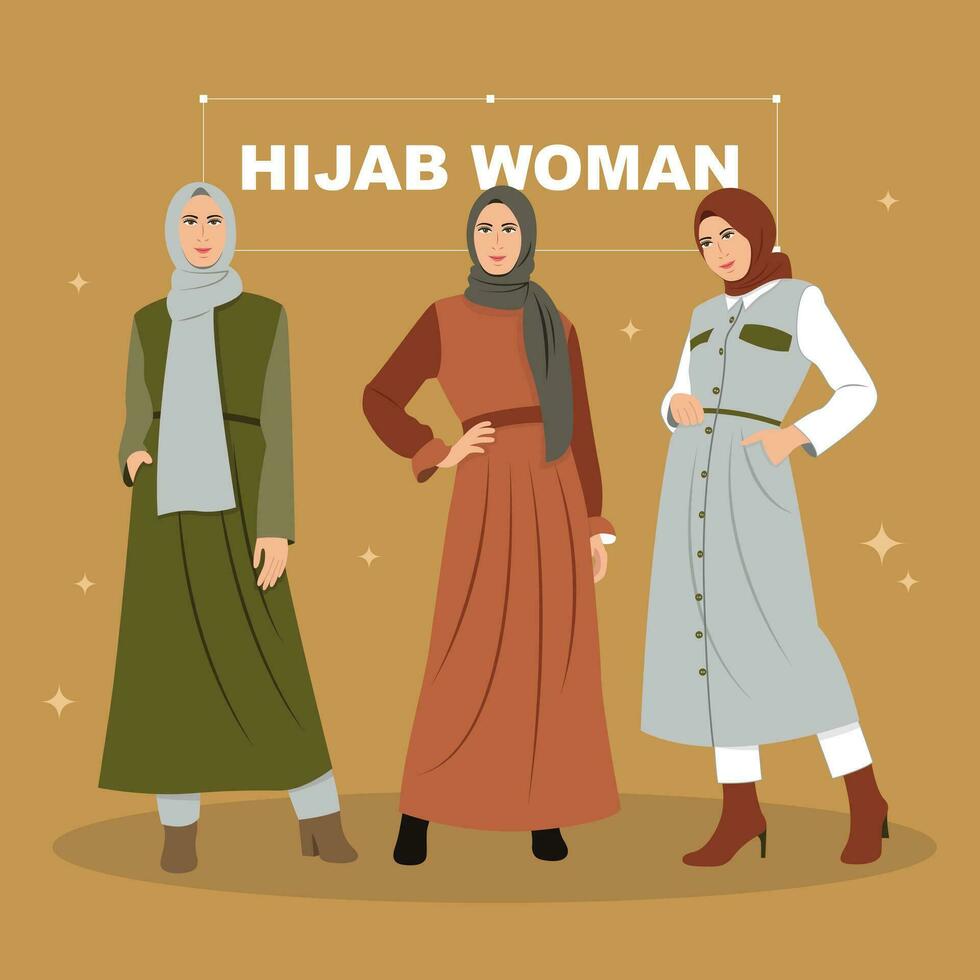 Bundle of modern young Muslim women wearing trendy clothes and hijab vector