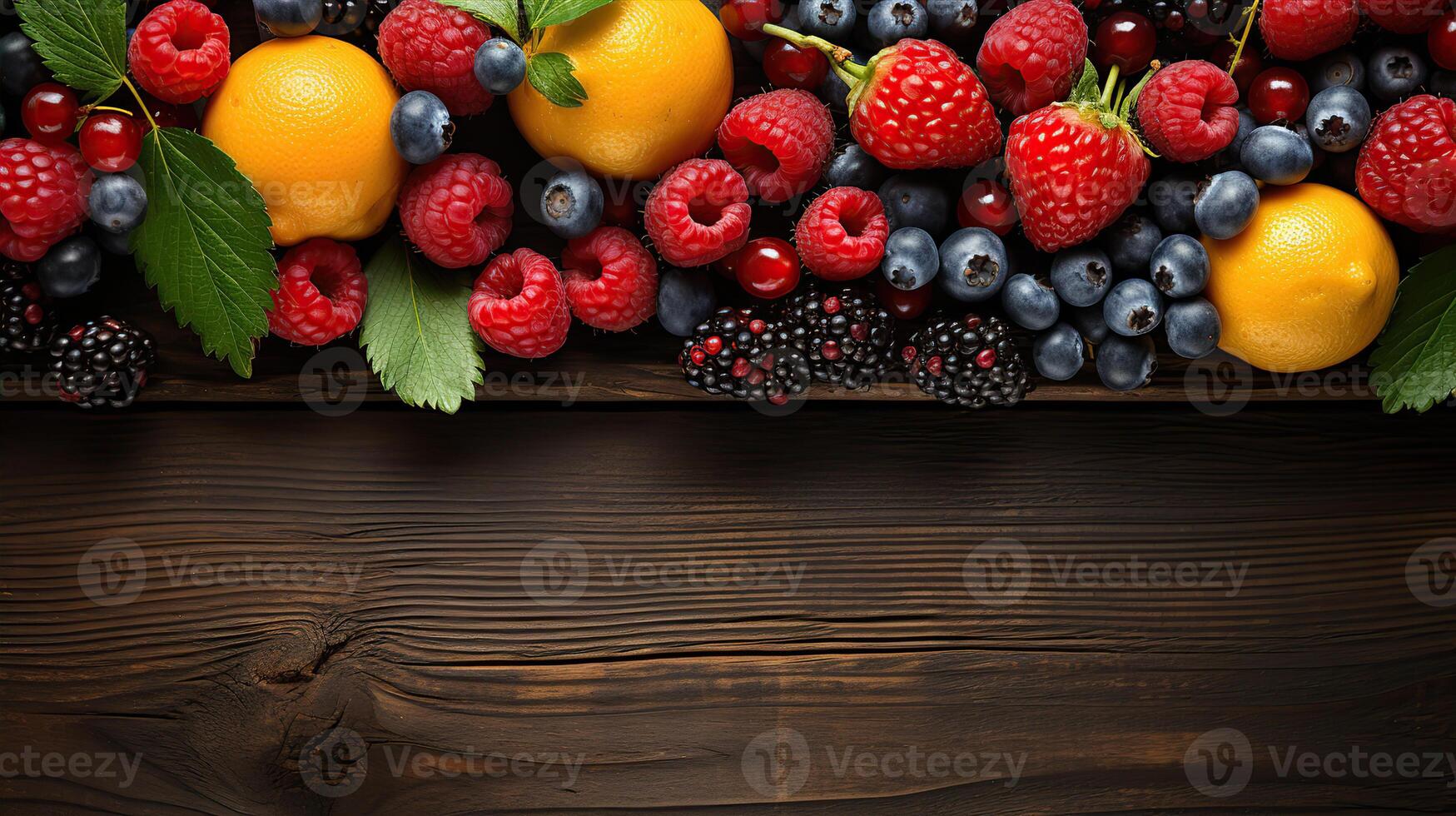 Cool summer fruits on a wood banner background. Copy space. Created with photo
