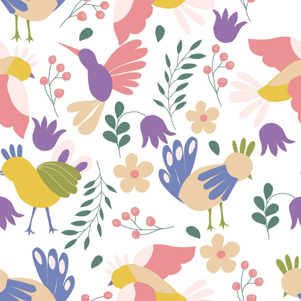 Colorful Tropical Bird Hand Drawn Seamless Pattern vector