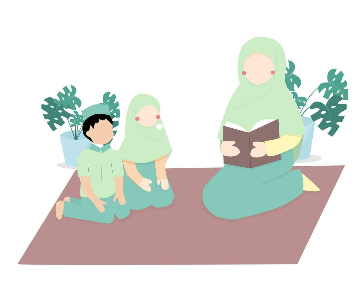 Hijab Mother Reading A Book To Children vector