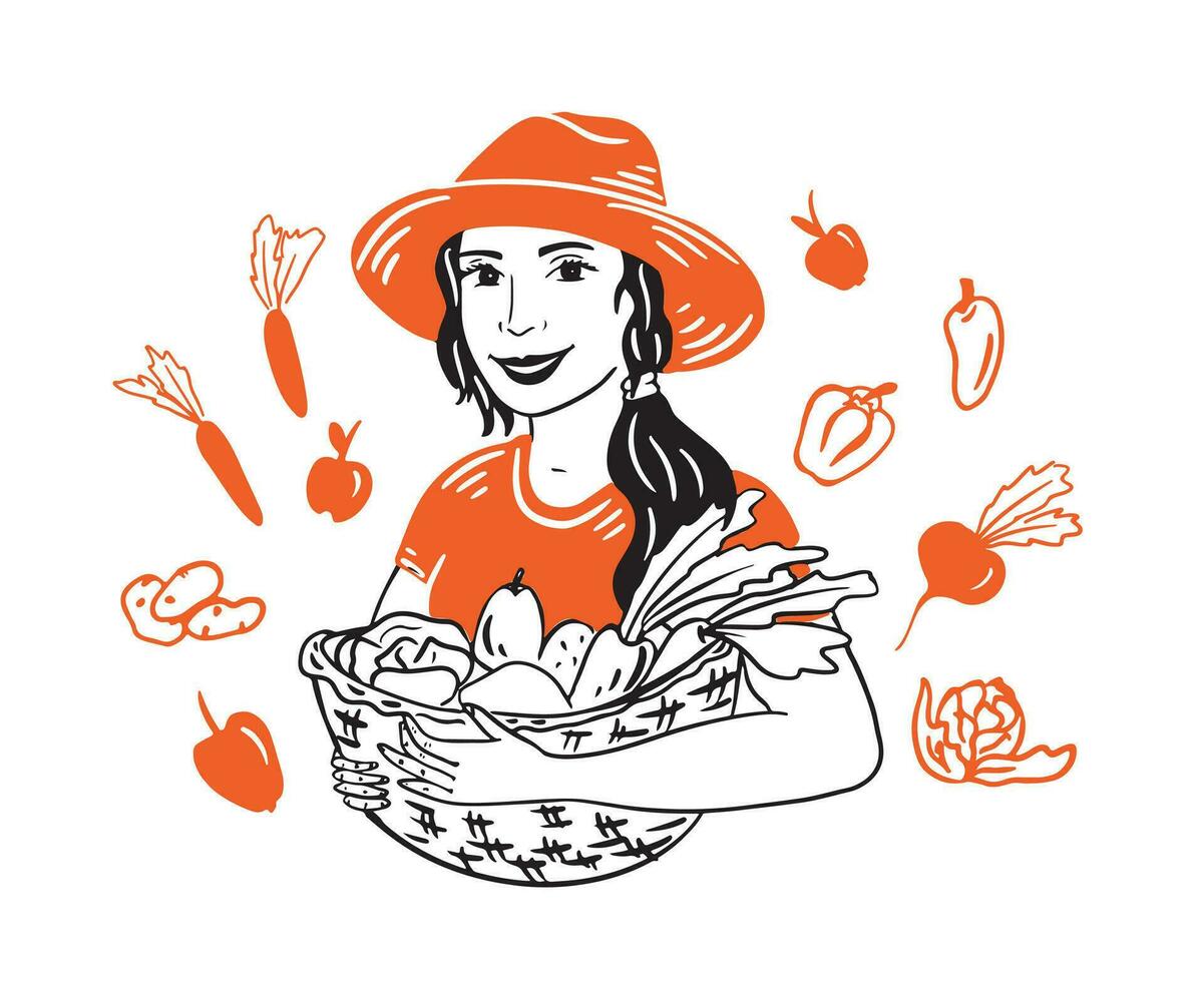 Farmer girl holding a basket of vegetables and fruits in her hands.Set of vegetables and fruits.Vector illustration. vector