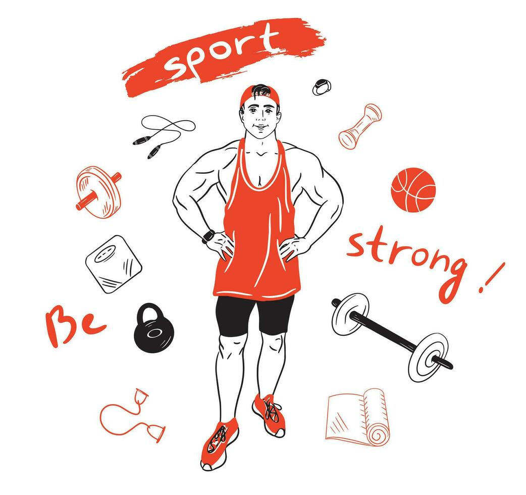 Muscular handsome strong guy stands in the gym surrounded by sports items. Sketch in color hand drawn.Vector illustration. vector