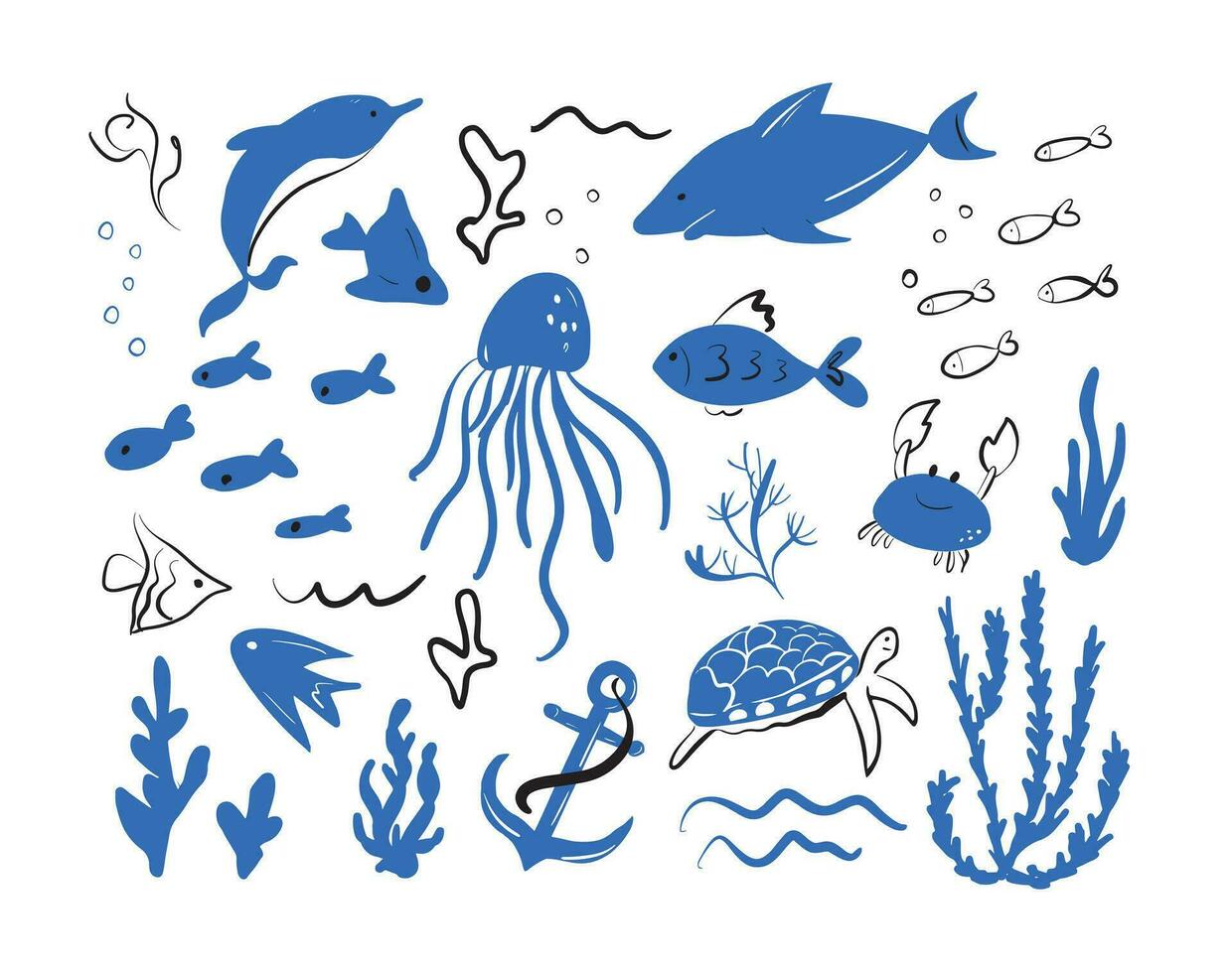 Cute cartoon shark, crab, jellyfish, star, dolphin, turtle ,fish,sea life - vector cartoon illustration.Fishing pattern.