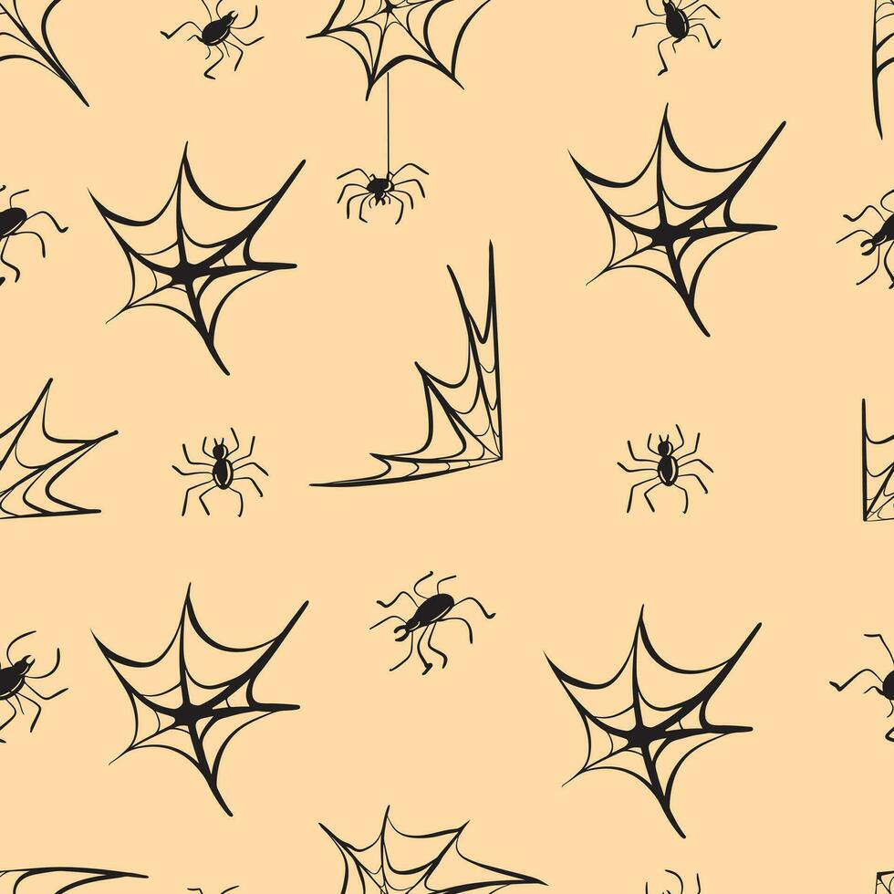 Seamless pattern with cobwebs and spiders on a beige background.Vector illustration. vector