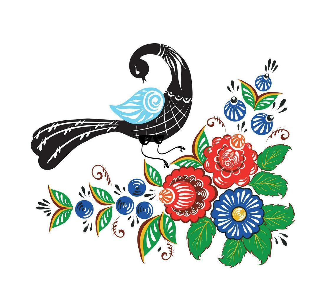 Swan bird sitting on red and blue flowers folk crafts.Vector illustration. vector
