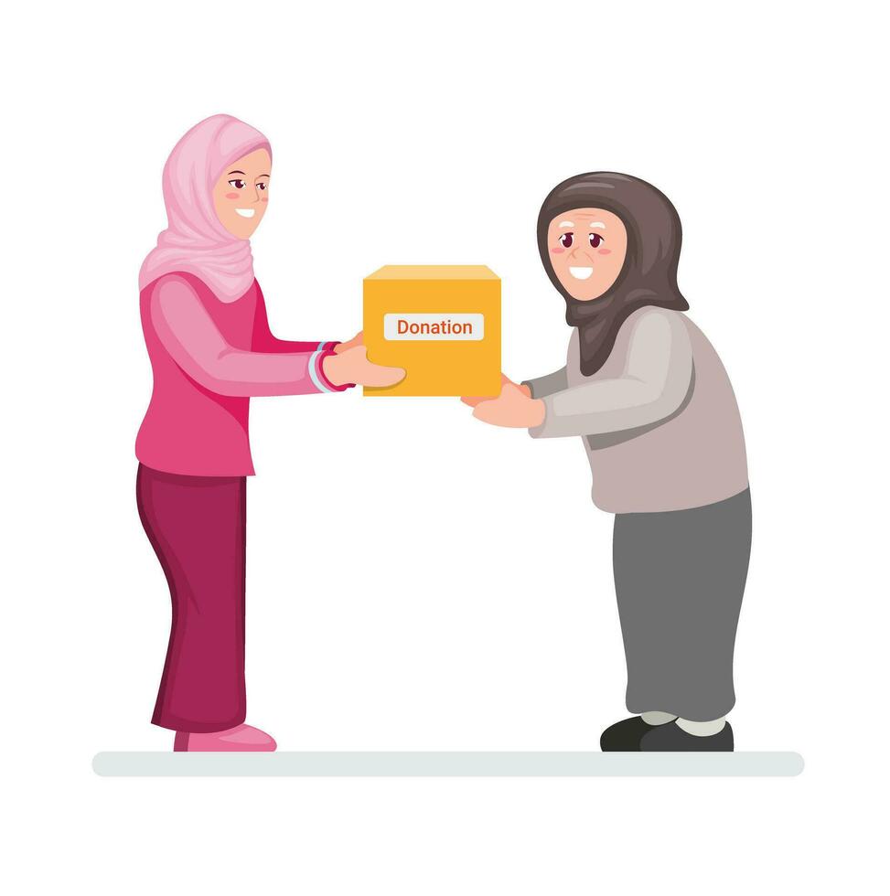 Muslim Girl Wearing A Hijab Gives Donation Box parcel to A Poor Old Woman Cartoon Illustration Vector