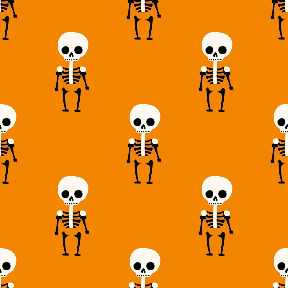 Seamless pattern cute skeletons on orange background vector