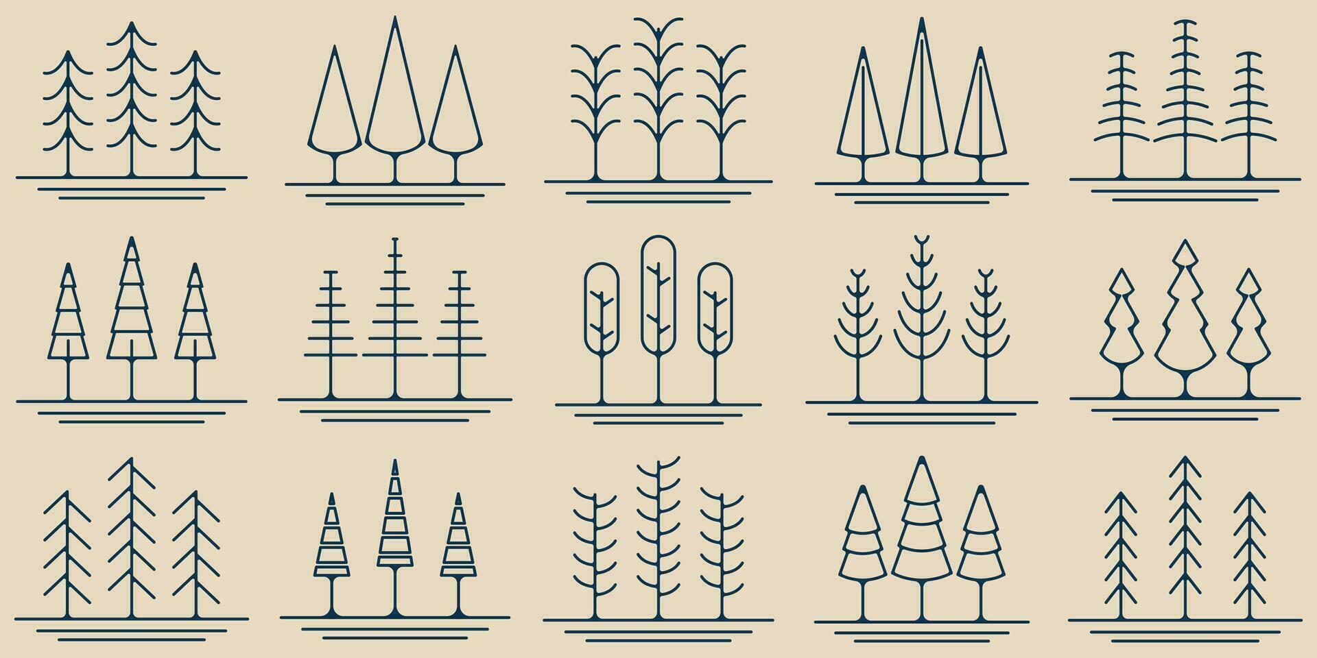 set pines tree line art icon logo symbol minimalist vector illustration design