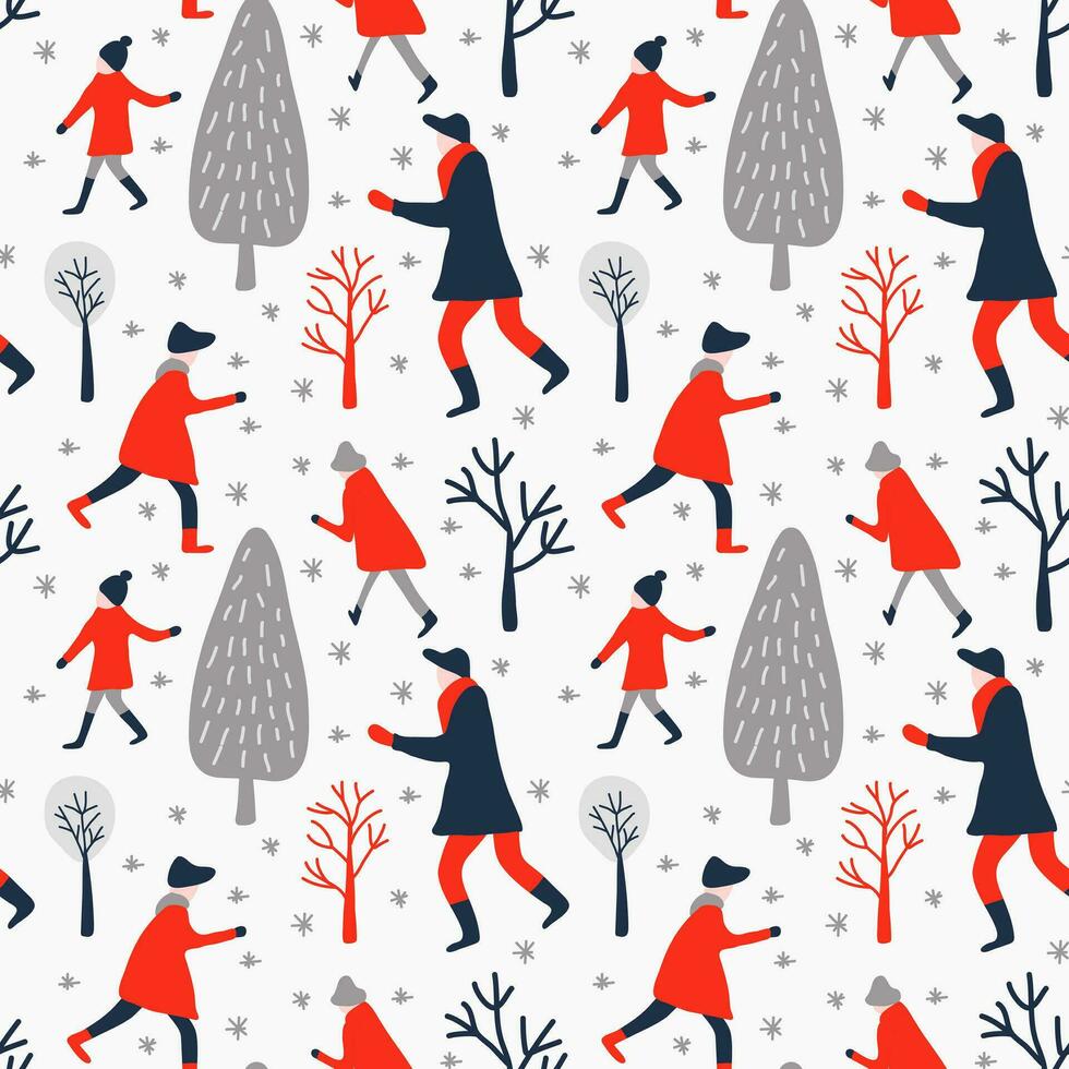 Seamless pattern of people in red clothes and blue trees. winter seamless vector of blue, red and gray for Christmas print for textiles or packaging.