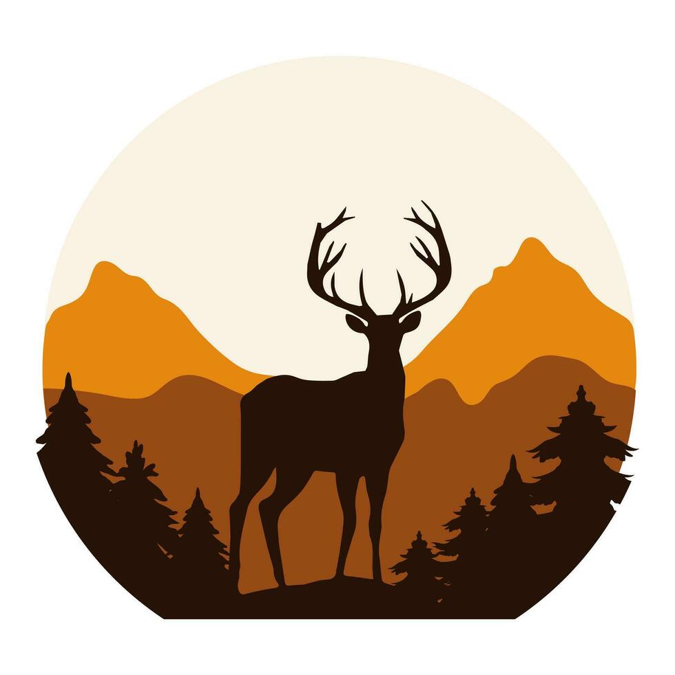 Vector silhouette of a deer in black on a background of brown mountains and forest