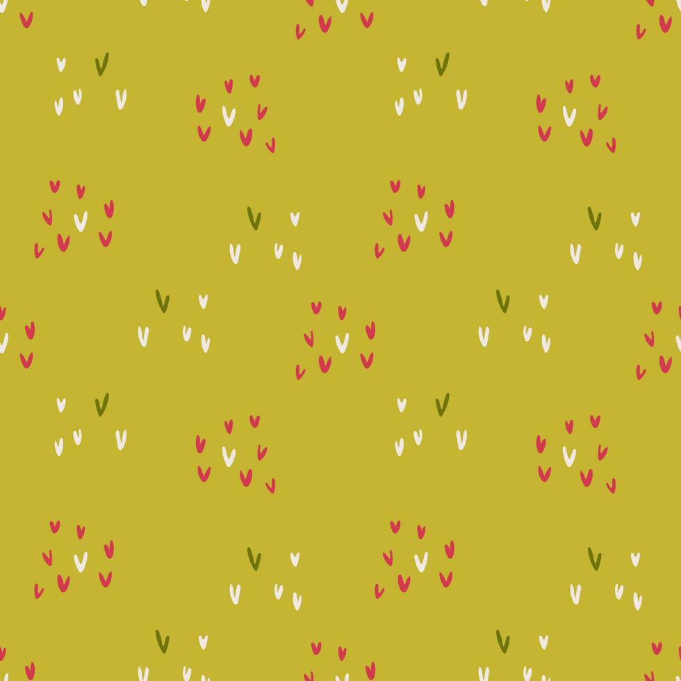 Seamless minimalist pattern small red and white hearts on green background. Seamless vector with simple shapes for packaging or textile print.