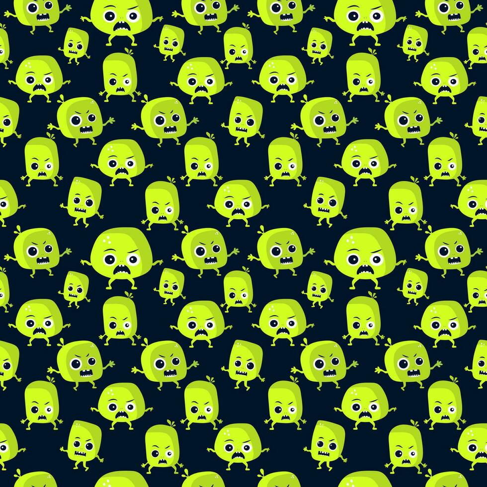 Seamless pattern with illustrations of cute green monsters for the Halloween holiday. Vector pattern on a dark blue background of little green bright creatures for holiday fabric print or packaging
