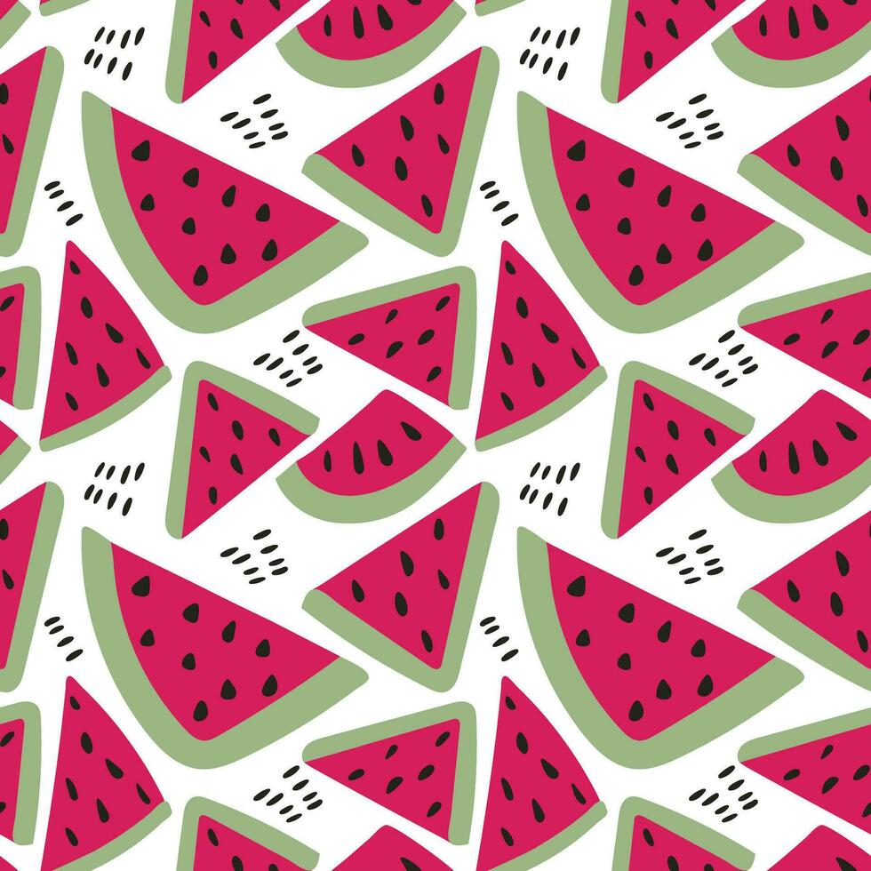 Seamless watermelon slice pattern. Seamless vector red watermelon slices with green peels in minimalist style for packaging and textile print.