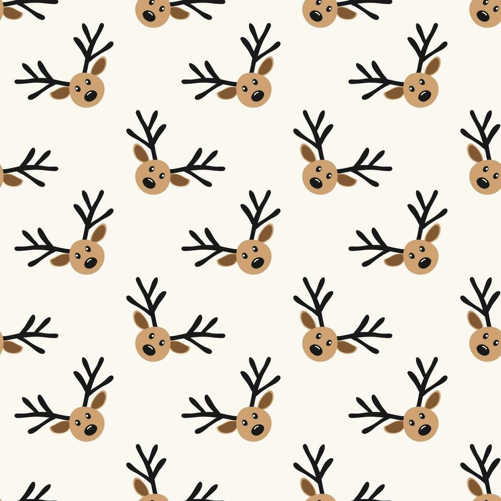 Seamless minimalist pattern with cute reindeer faces in flat style with simple shapes for Christmas print textiles or objects. vector