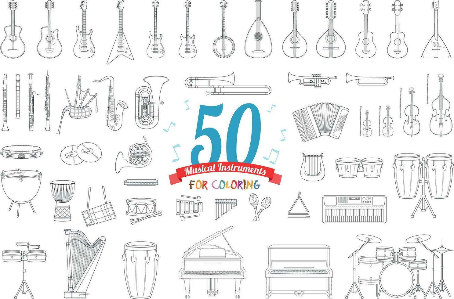 Vector illustration set of 50 musical instruments for coloring in cartoon style isolated on white background