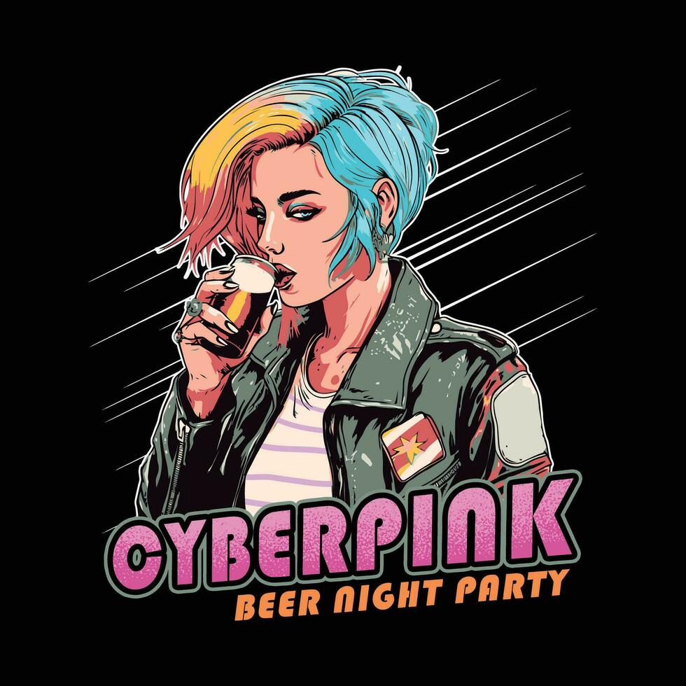 oktoberfest a rocker girl with colorful unicorn hair drinking beer at a party vector
