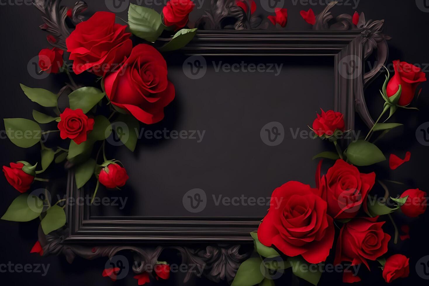 Frame with red flower copy space red roses on dark textured grange background. Bouquet of garden flowers, photo