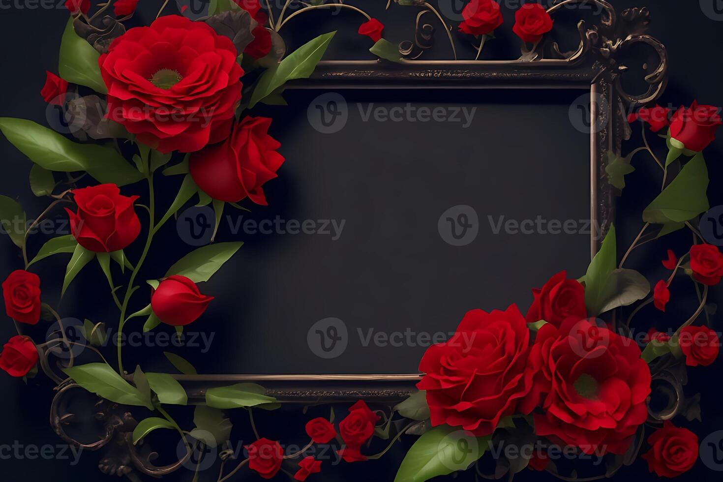 Frame with red flower copy space red roses on dark textured grange background. Bouquet of garden flowers, photo