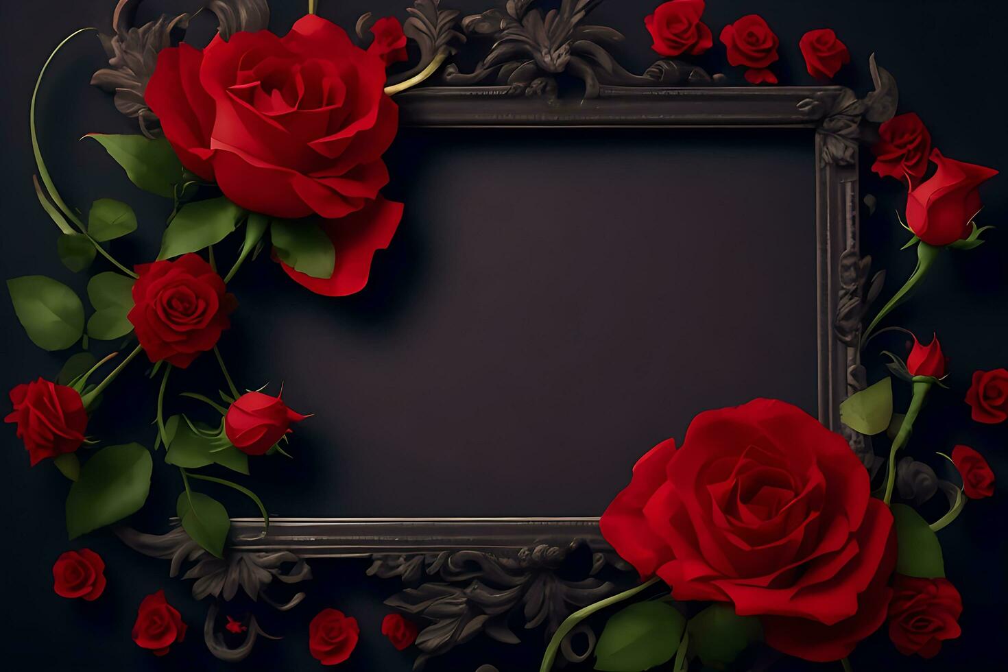 Frame with red flower copy space red roses on dark textured grange background. Bouquet of garden flowers, Ai generative photo