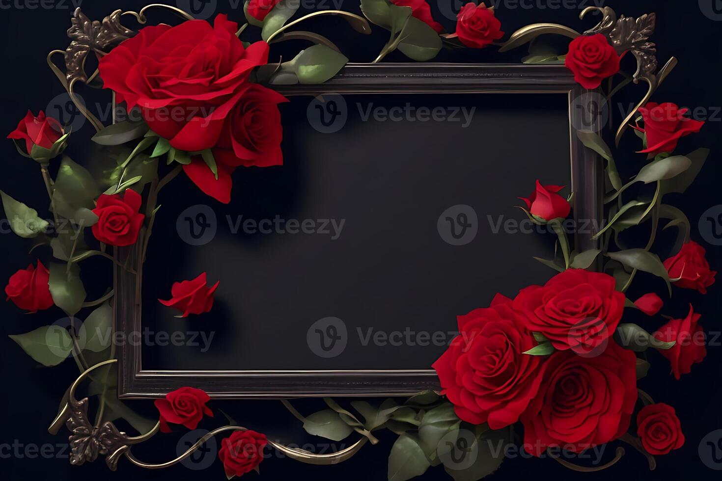 Frame with red flower copy space red roses on dark textured grange background. Bouquet of garden flowers, Ai generative photo