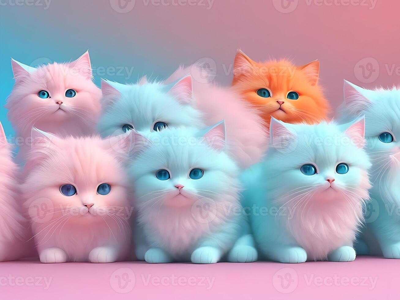 Lots of cute cats with colored hair in pastel colors. Isolated on ...