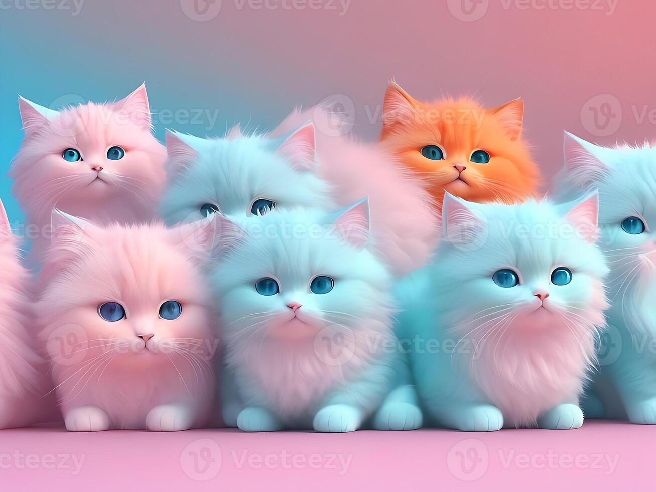 Lots of cute cats with colored hair in pastel colors. Isolated on a orange  background. Unusual contemporary art style wallpaper, lots of fluffy cats.  Generative AI 3d render imitation 25909361 Stock Photo