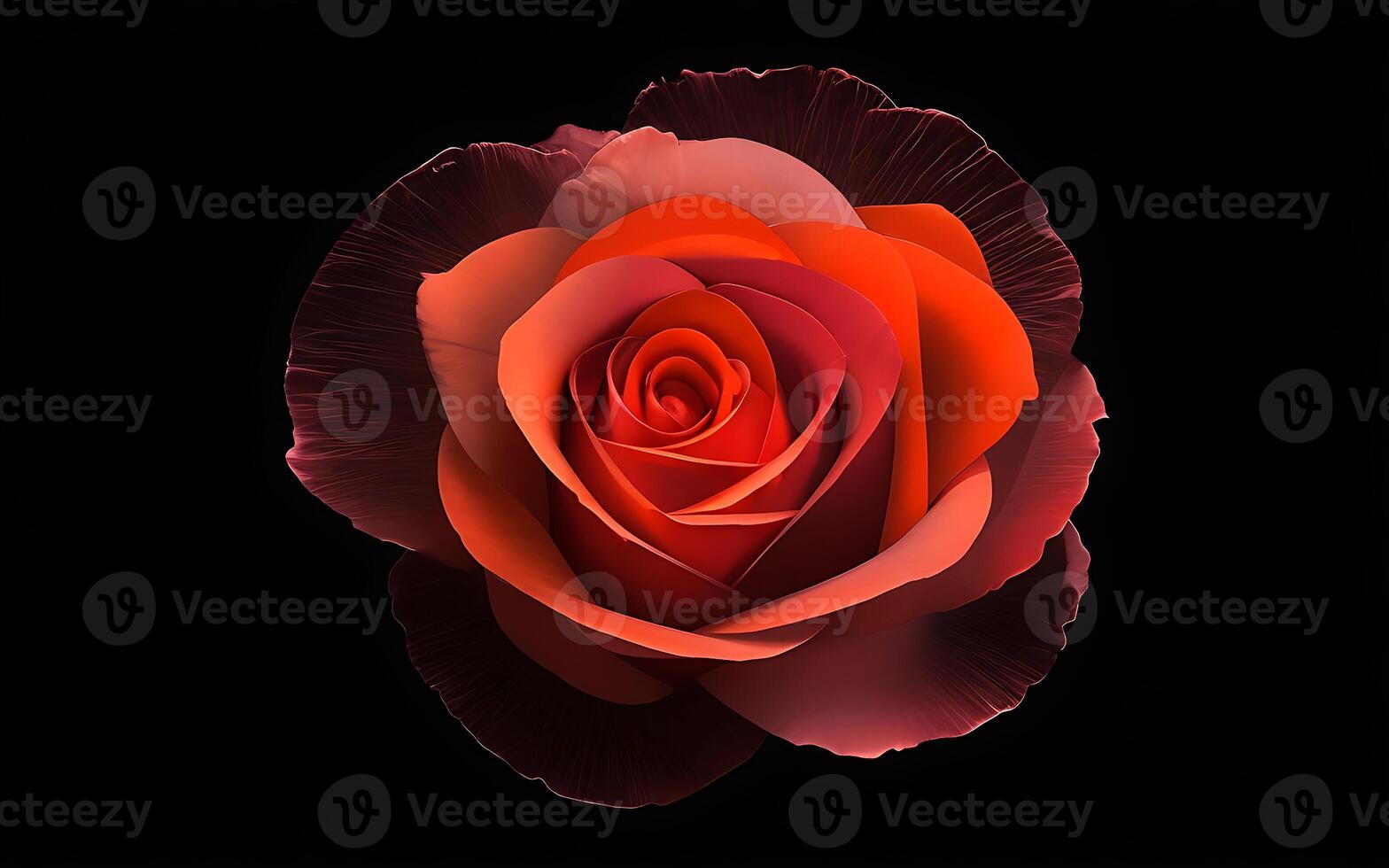 fresh red rose with green leaves on black background - AI generated photo