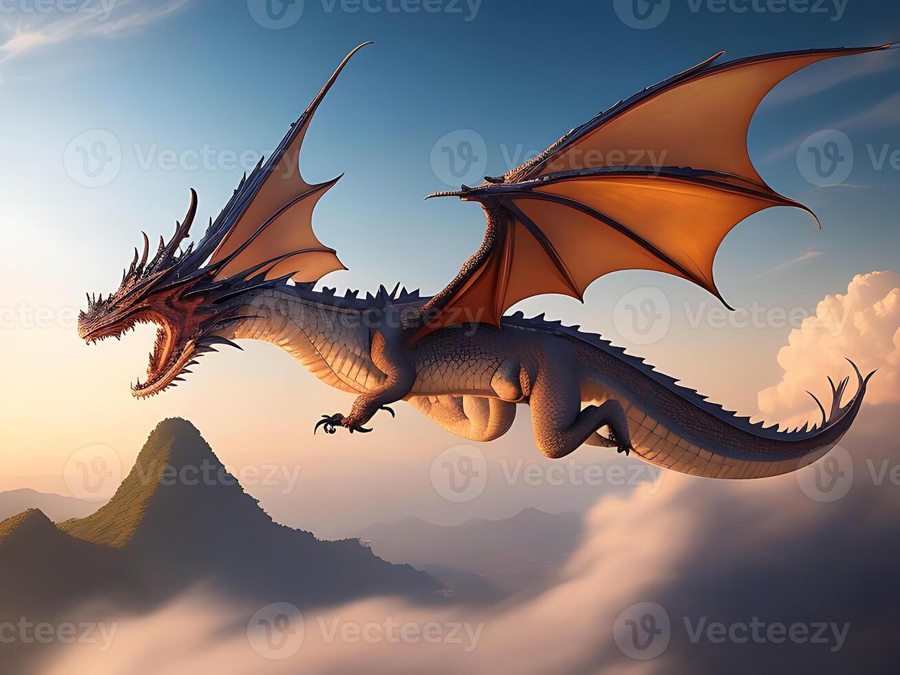 colossal, ancient dragon perches on a mountaintop, with a vast, sprawling fantasy world visible in the background, emphasizing the creature's majesty and power, rendered in a detailed. photo
