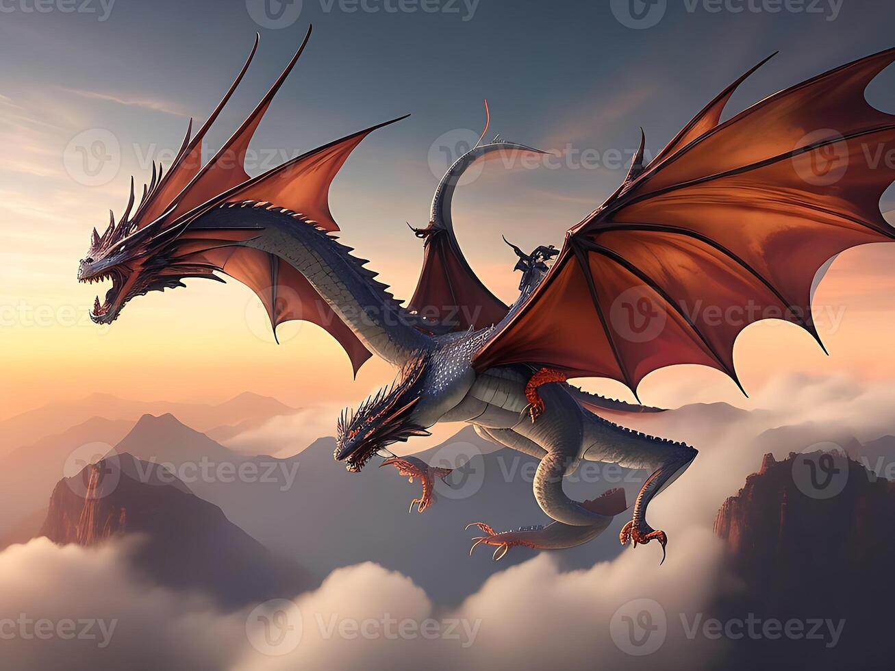 colossal, ancient dragon perches on a mountaintop, with a vast, sprawling fantasy world visible in the background, emphasizing the creature's majesty and power, rendered in a detailed. photo