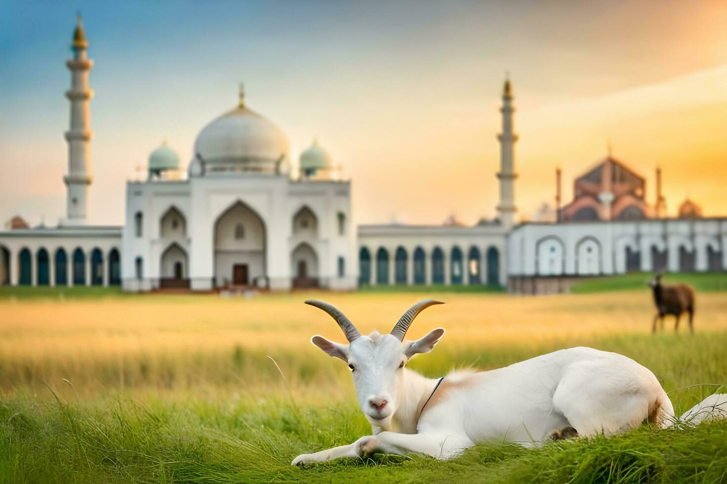 A Goat in the middle of mosque grassfield photo