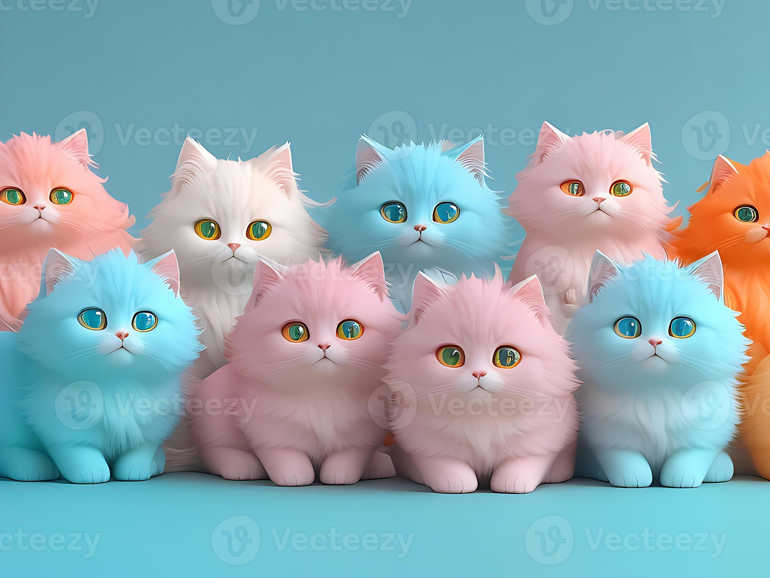 Lots of cute cats with colored hair in pastel colors. Isolated on a