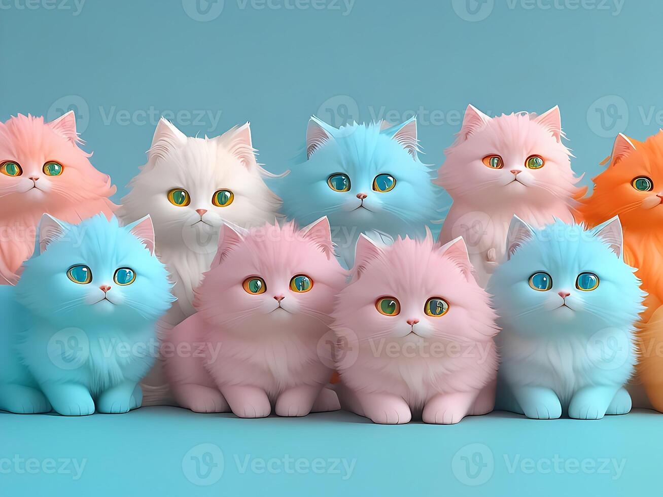 Lots of cute cats with colored hair in pastel colors. Isolated on a orange background. Unusual contemporary art style wallpaper, lots of fluffy cats. 3d render imitation photo